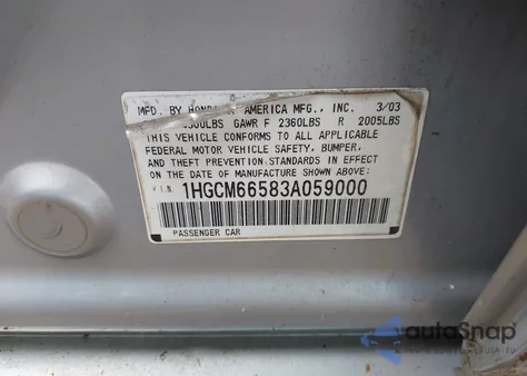 2003 Honda Accord 3.0 Ex from USA, damaged, VIN 1HGCM66583A059000